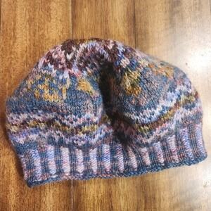Handmade Wool Knit Beanie Space Dye Blue Purple Pink Slouchy Winter Hat